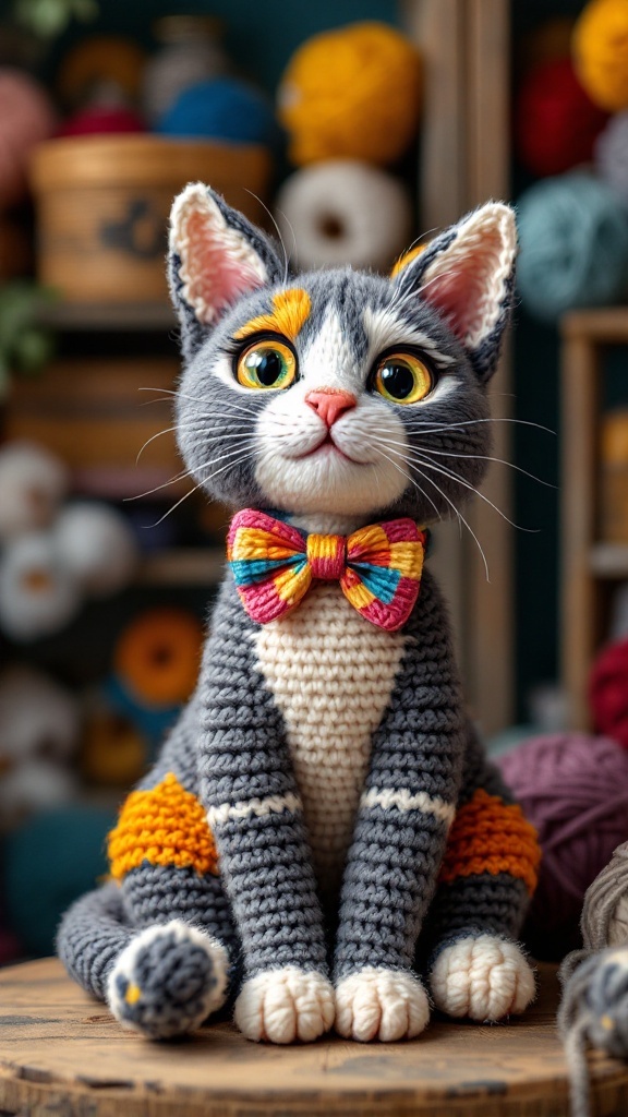 Crochet cat with a colorful bowtie, sitting on a wooden surface surrounded by yarn.