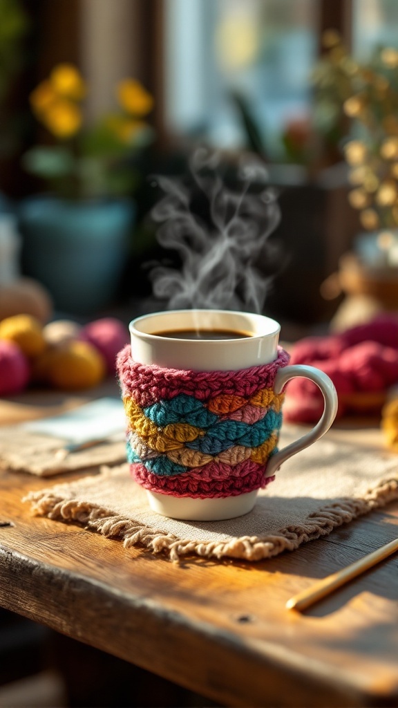 A colorful crochet coffee cup sleeve wrapped around a white coffee mug on a wooden table, with steam rising from the cup.