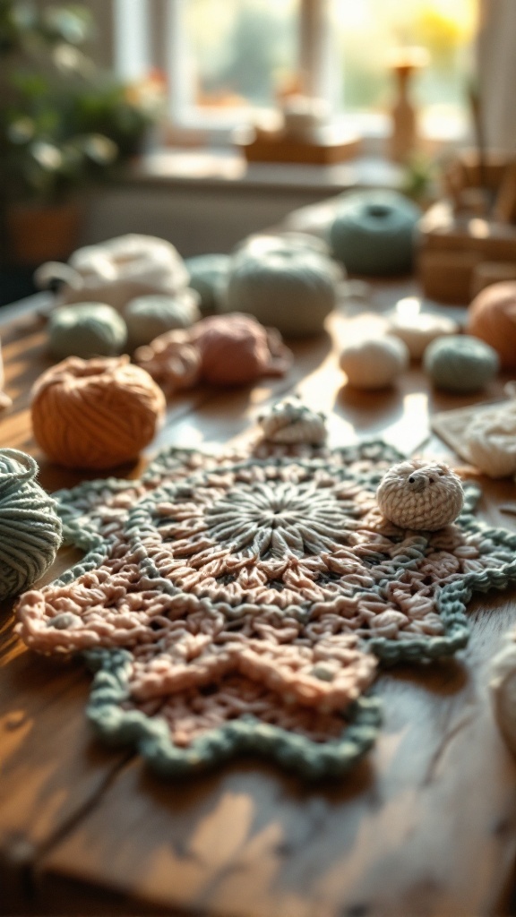 Colorful yarn and crochet pieces arranged on a wooden table