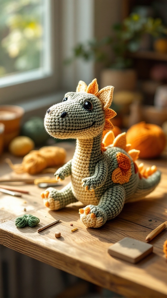 A cute crochet dinosaur on a wooden table surrounded by crafting materials.