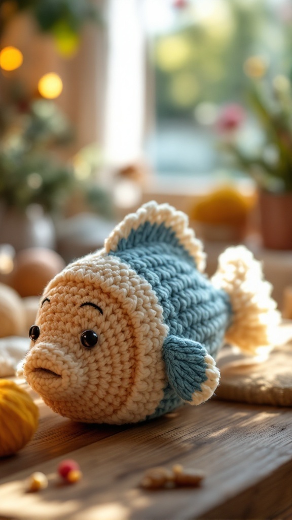 A cute crochet fish with a friendly face, featuring soft blue and beige yarn, placed on a wooden table surrounded by autumn decorations and natural light.