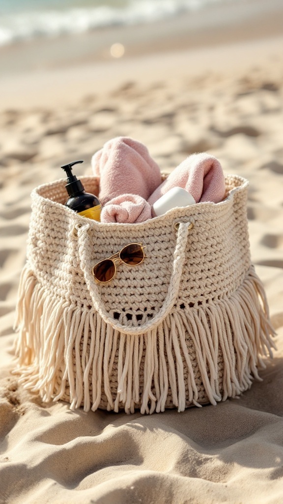 A crochet fringe beach bag on the sand, filled with towels and sunscreen