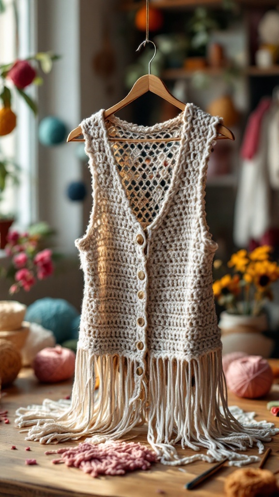A crochet fringe vest hanging on a wooden hanger, surrounded by colorful yarns and flowers.