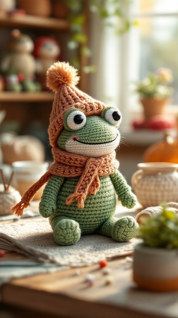 A cute crochet frog wearing a knitted hat with a pom-pom and a scarf, sitting on a table with crafting supplies.