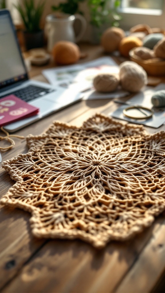 A crochet piece displayed on a wooden table with yarn and crafting materials.
