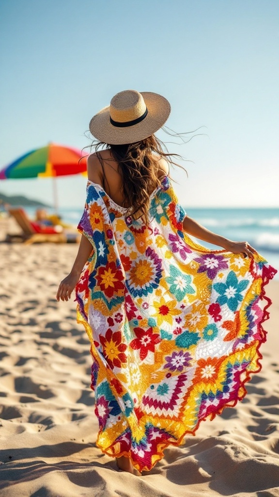 A woman in a colorful crochet kaftan and wide-brimmed hat walking on the beach