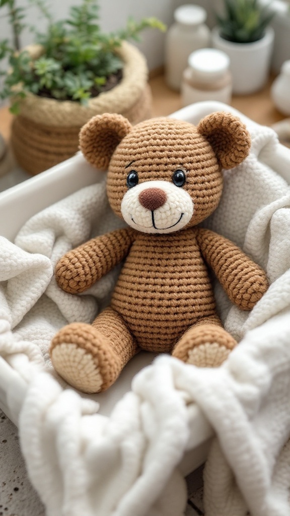 Crochet teddy bear lovey surrounded by a soft blanket and plants