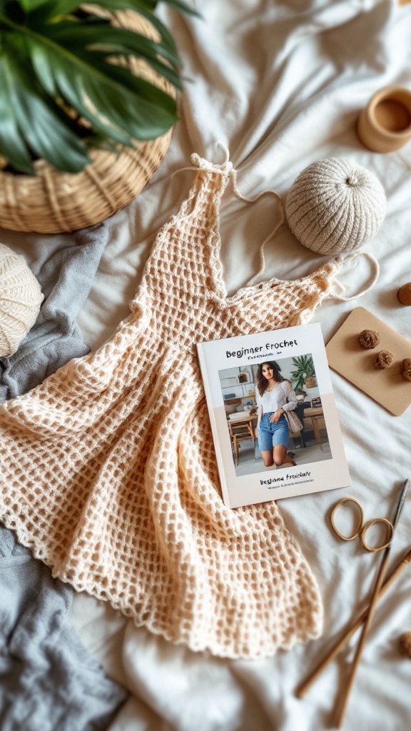 A peach crochet mesh dress laid out with yarn and a beginner's crochet booklet.