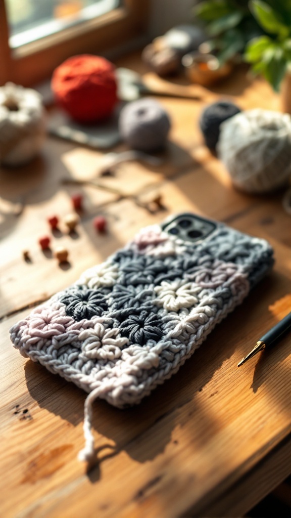 Colorful crochet phone case on a wooden table with yarn and crochet supplies in the background.