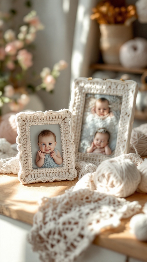 Two crochet picture frames displaying baby photos, surrounded by soft yarn and a cozy nursery setting.