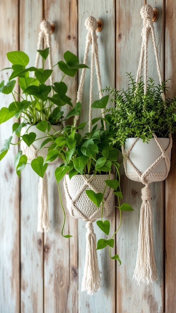 Crochet plant hangers displaying vibrant green plants on a wooden wall.