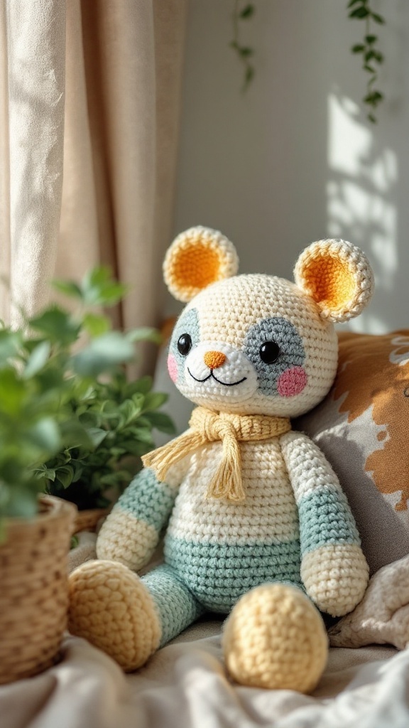 A colorful crochet plushie with a friendly face, sitting among plants.