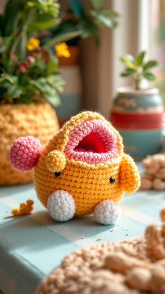 A colorful crochet toy shaped like an airplane, featuring yellow yarn with pink and white details, sitting on a table with plants in the background.