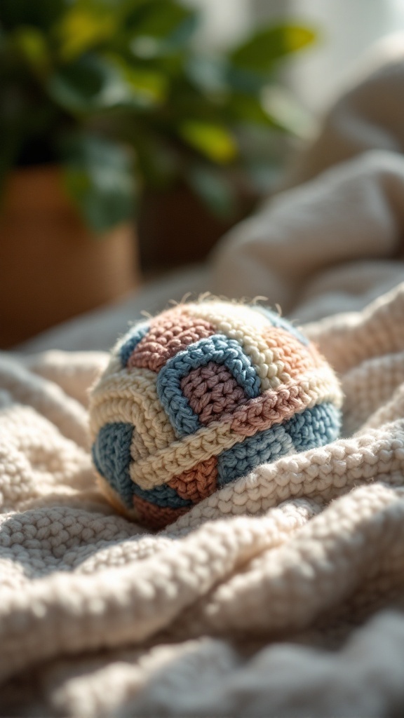 Crochet sensory ball resting on a soft blanket with a plant in the background