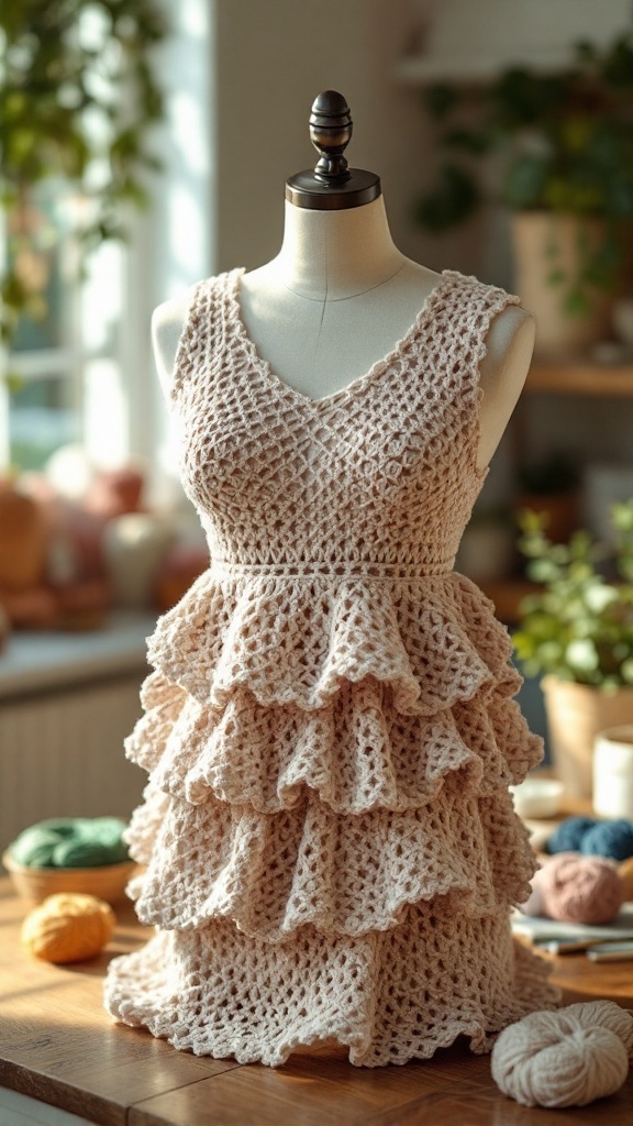 A layered crochet skirt displayed on a mannequin, showcasing a light color and ruffled design, surrounded by yarn in various colors.