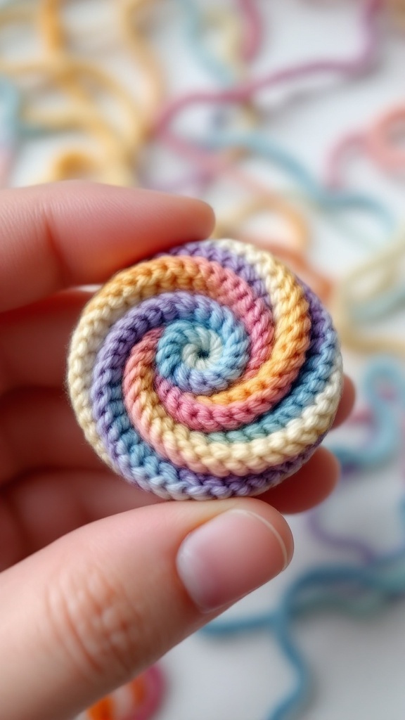 A hand holding a colorful crochet spinner toy with a spiral design.
