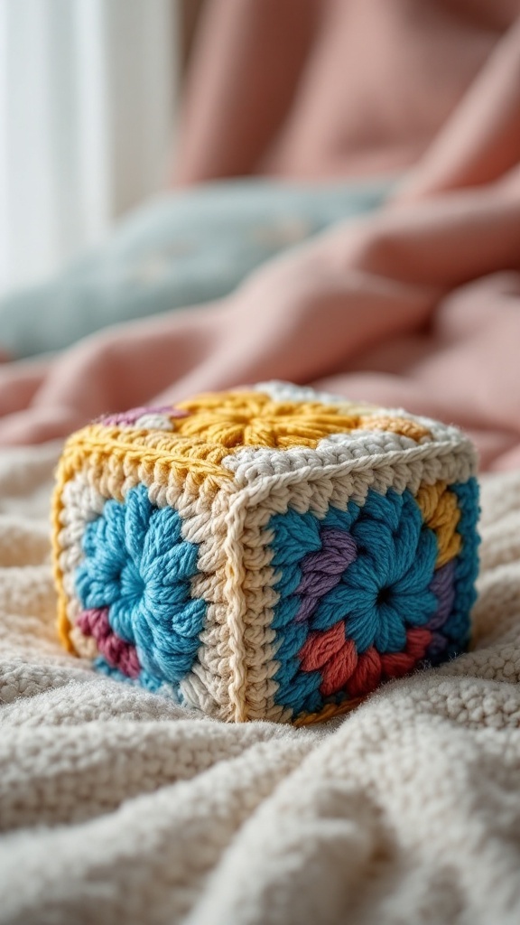 A colorful crochet squishy cube resting on a soft blanket.