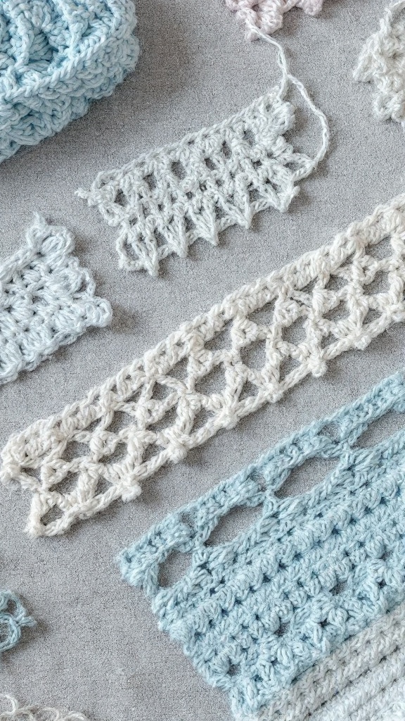 Various crochet stitch swatches in soft colors