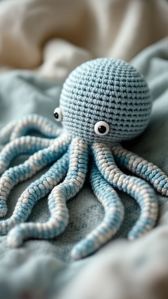A cute crocheted octopus in blue with white tentacles, featuring large eyes, resting on a soft surface.