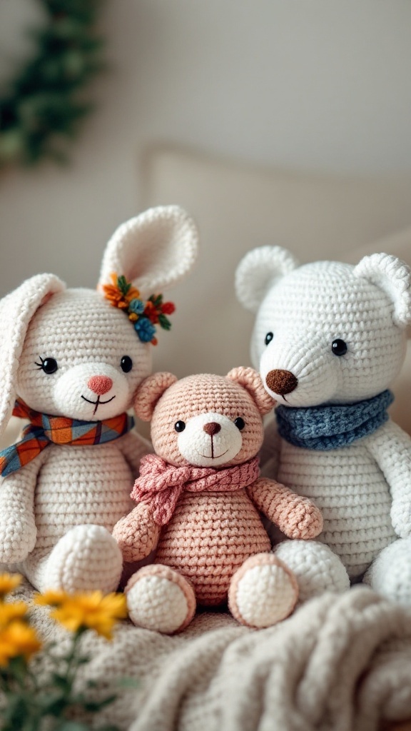 A cozy arrangement of three crochet stuffed animals: a white bear, a pink teddy bear, and a bunny, all showcasing seasonal scarves.