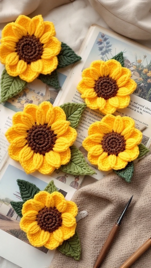 Crochet sunflowers with green leaves placed on an open book and fabric, showcasing colorful accessories.