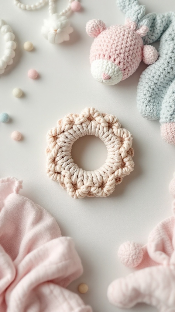 A crochet teething ring surrounded by soft baby toys and accessories