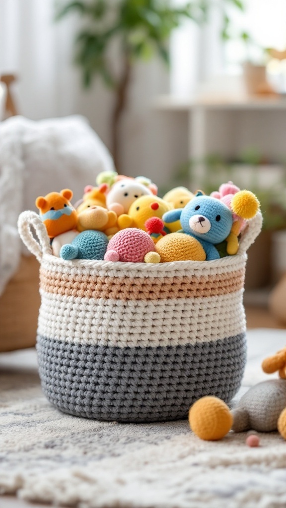 Colorful crochet toy basket filled with plush baby toys