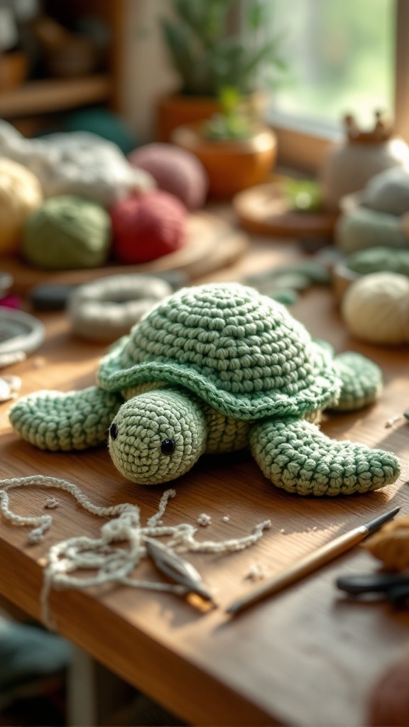 A green crochet turtle is placed on a wooden table surrounded by colorful yarn balls and crafting tools.