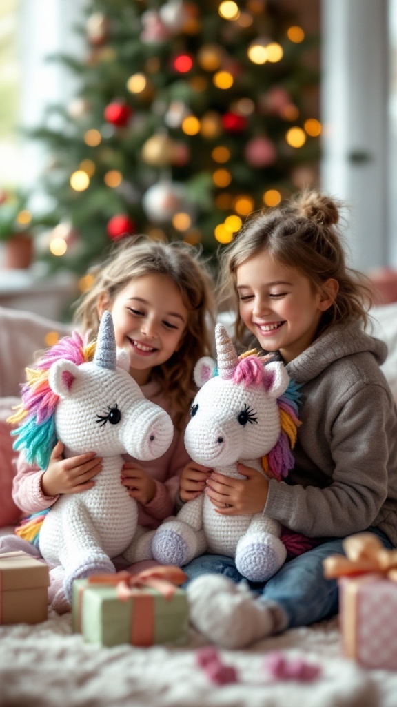 Two children smiling and hugging crochet unicorns while sitting on a sofa with a Christmas tree in the background