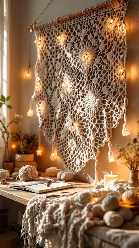A crochet wall hanging adorned with LED lights, hanging on a wall with a cozy crafting space below.