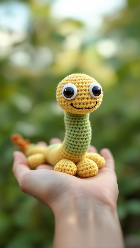 A crochet worm fidget toy held in a hand, featuring bright colors and a smiling face.
