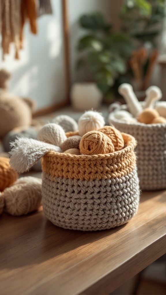 Two crocheted baskets filled with yarn balls on a wooden table