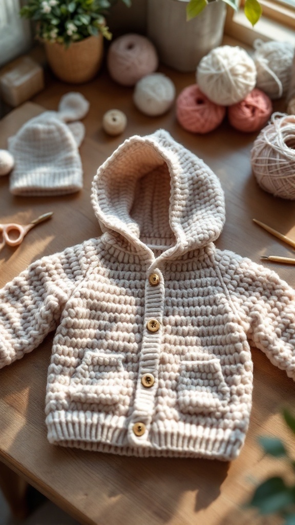 A cozy hooded baby jacket with buttons and pockets, surrounded by yarn and crafting tools.