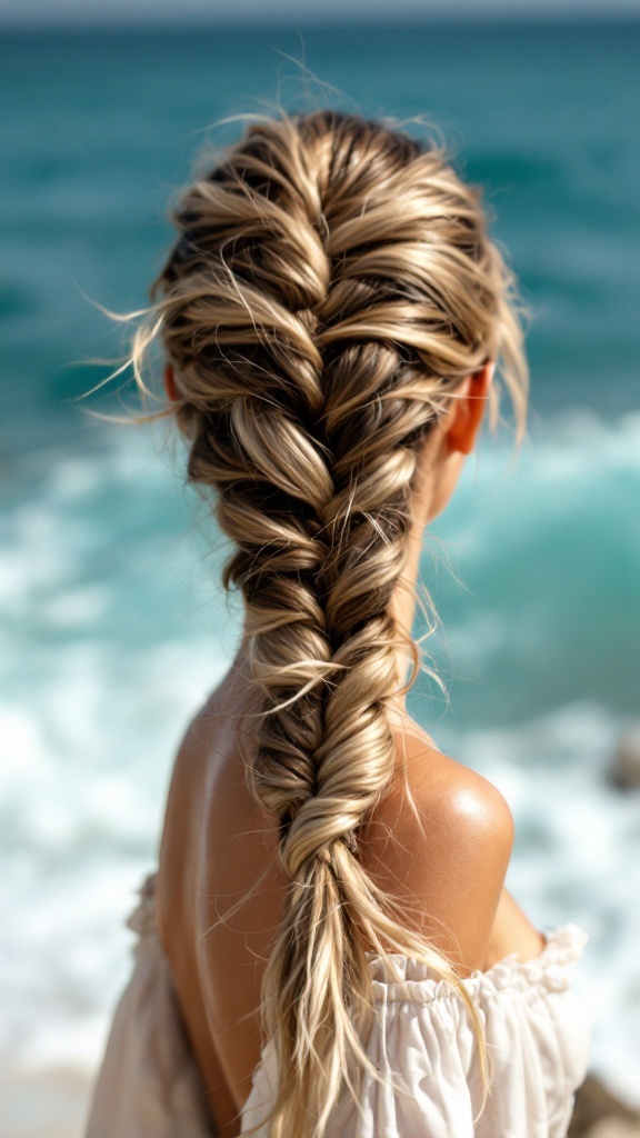 A woman with long hair styled in a crown braid, standing by the beach.