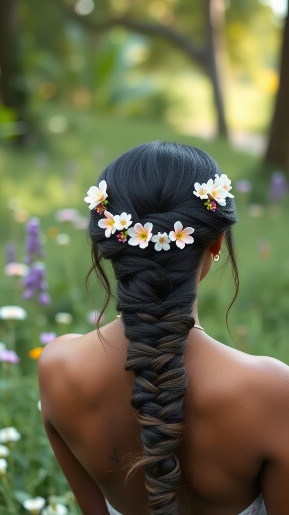 A woman with a crown braid ponytail adorned with flowers