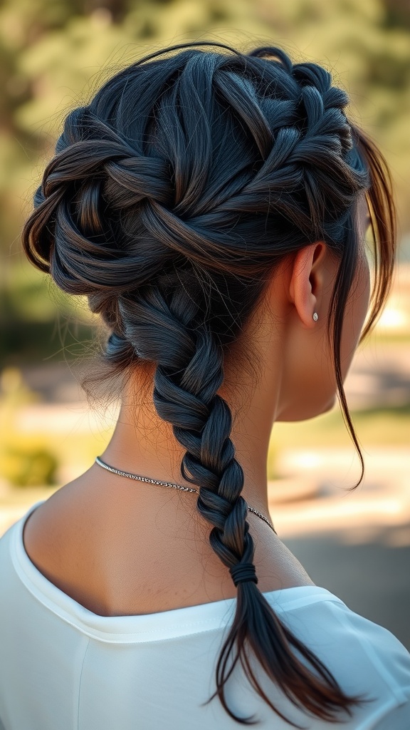 A woman's hair styled in a crown braid with loose tendrils.
