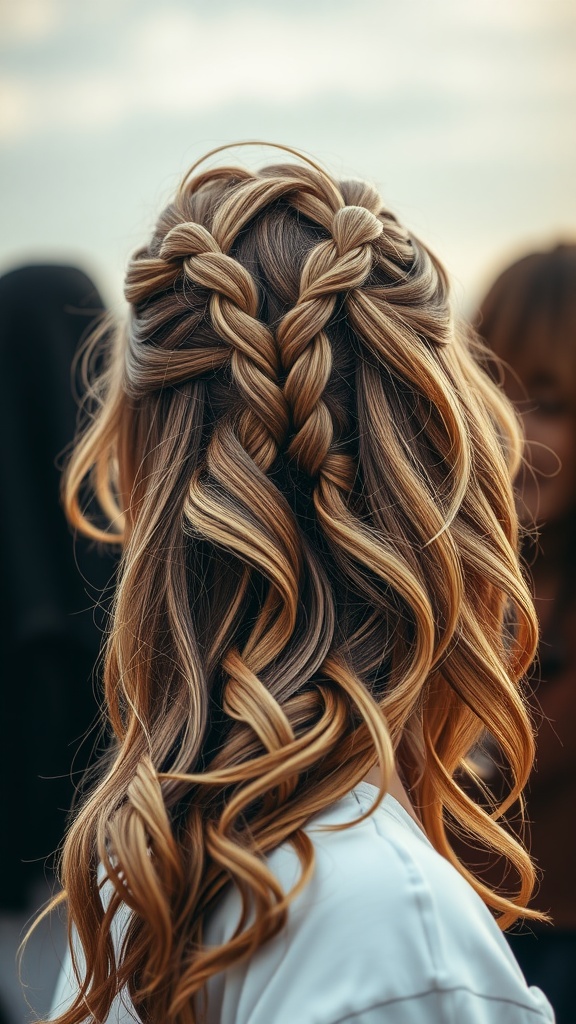 A back view of a woman with a crown braid hairstyle and loose waves.
