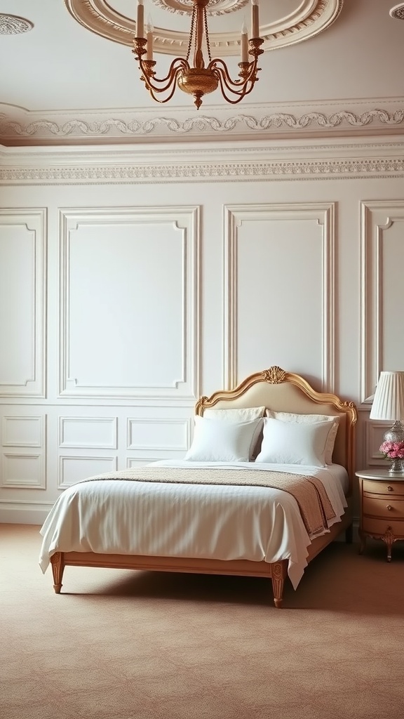 Elegant bedroom featuring crown molding and wainscoting