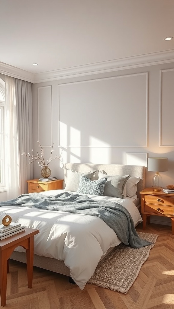 A cozy bedroom with a bed, wooden furniture, and natural light.