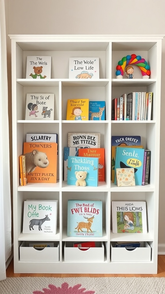 A colorful nursery bookshelf with cubbies organized by genres, displaying various children's books.