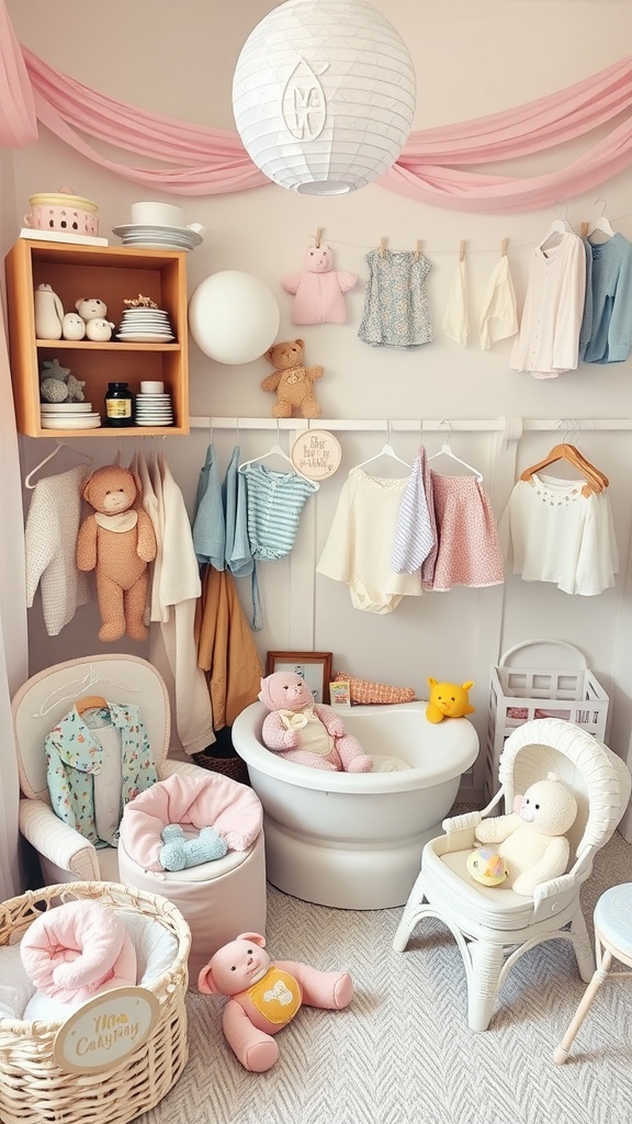 Cozy cuddle corner decorated with soft plush items and baby gear.