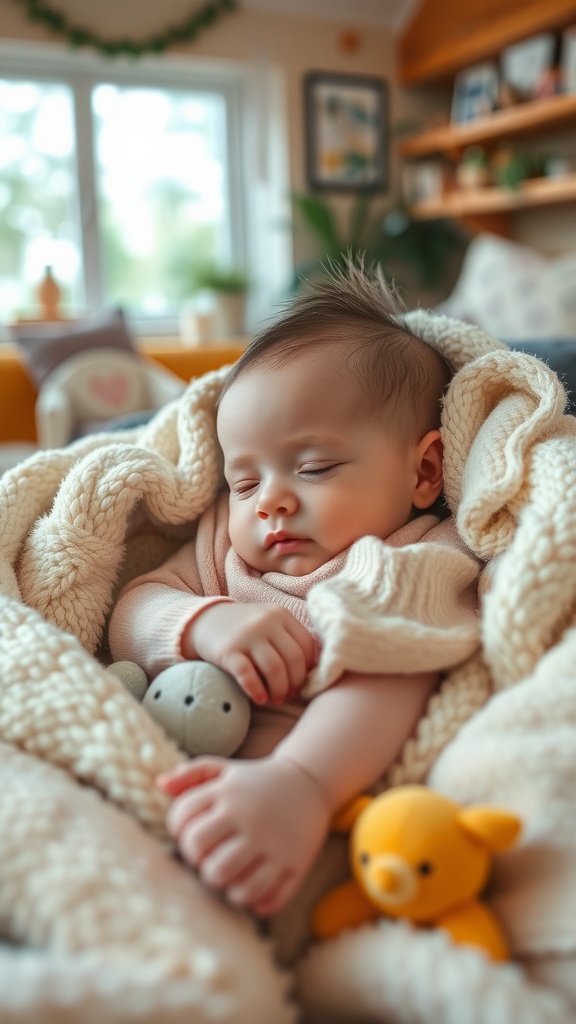 A sleeping baby wrapped in a cozy blanket with plush toys.