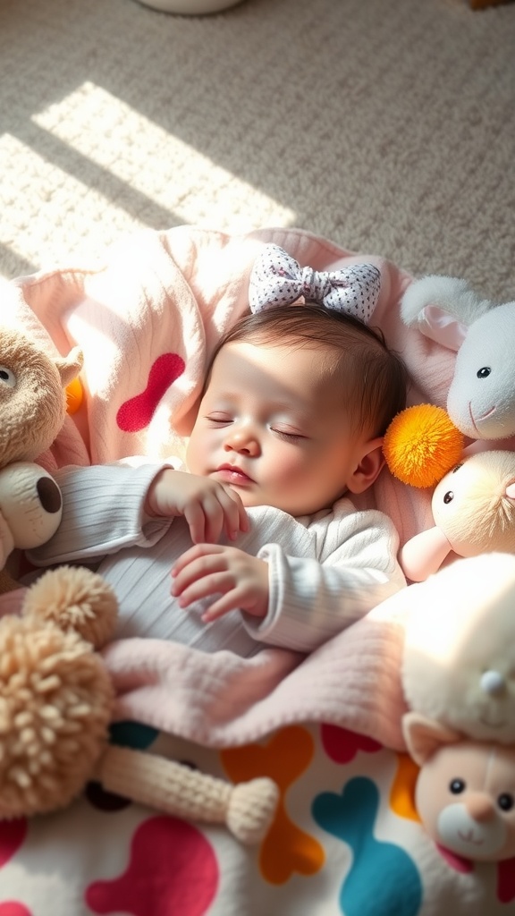 A sleeping baby on a soft blanket surrounded by stuffed animals, showcasing a peaceful moment.
