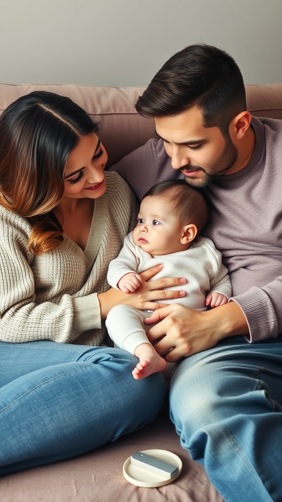 A family of three cuddled together on a couch, with a baby in the parents' arms, smiling at each other.