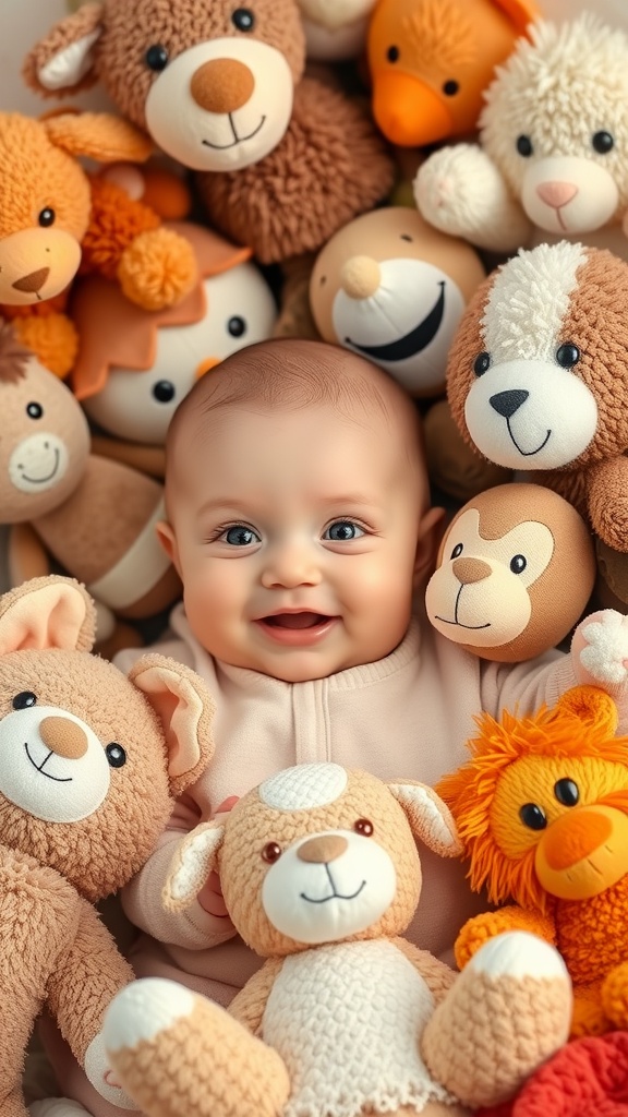 A six-month-old baby lying among various cuddly animal toys, smiling joyfully.