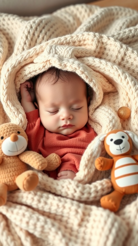 A sleeping baby wrapped in a cozy cream blanket with plush toys