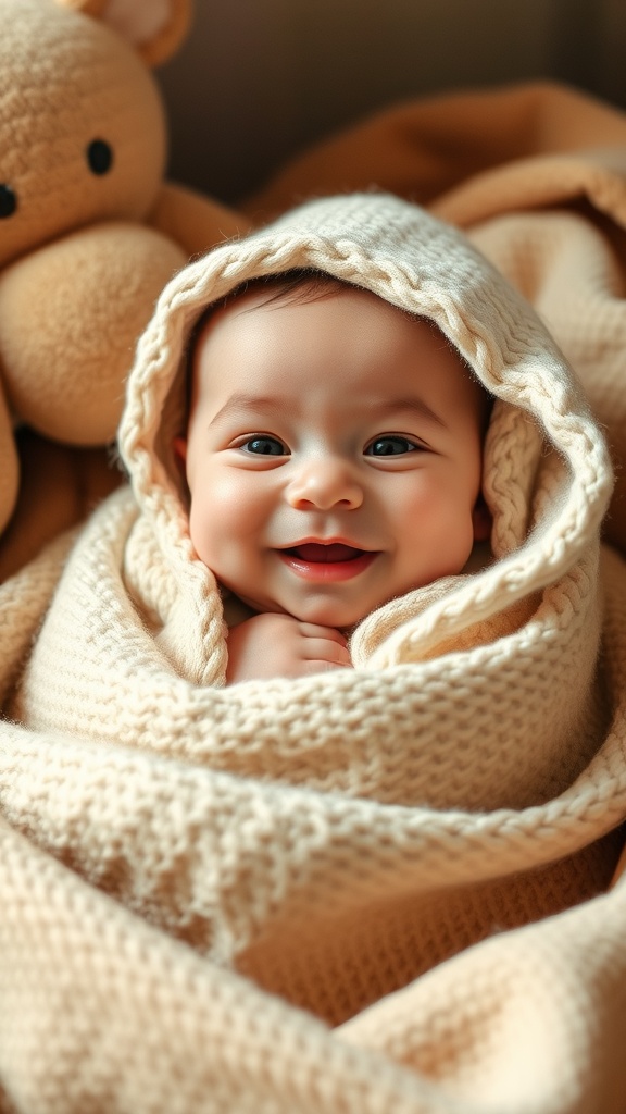 An 11-month-old baby smiling while snuggled in a cream-colored blanket next to a teddy bear.
