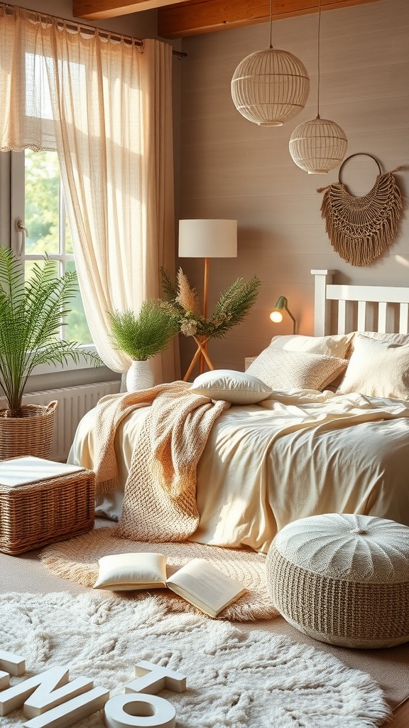 A cozy kids bedroom featuring soft textiles, a fluffy rug, and warm lighting.