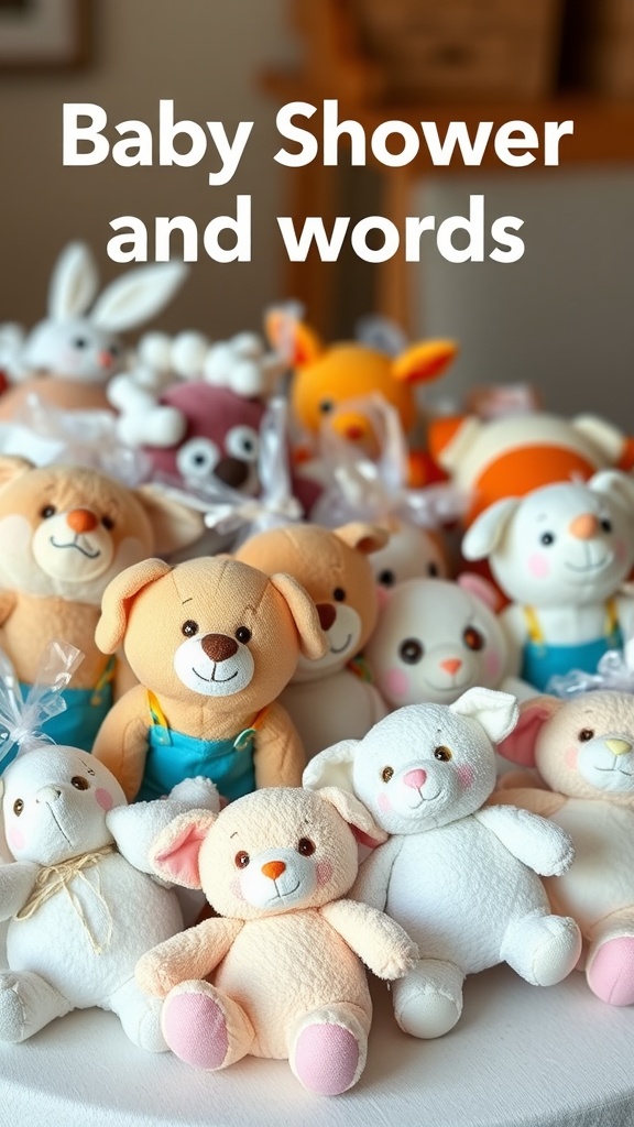 A variety of colorful plush toys displayed at a baby shower