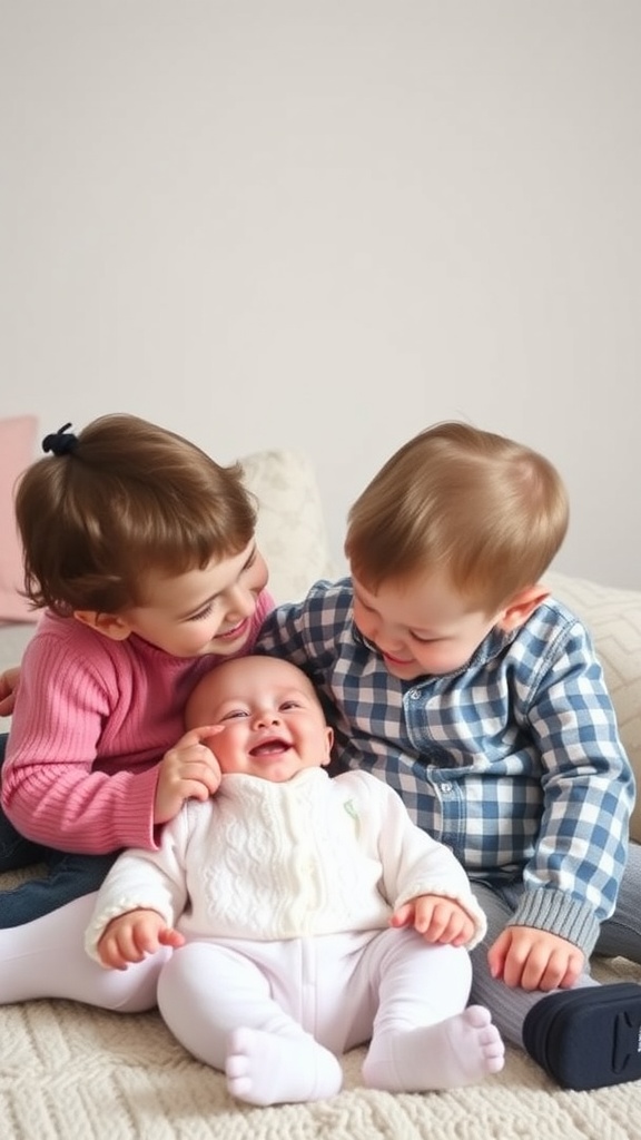 Two older siblings playing with their baby sister, creating a warm and affectionate atmosphere.